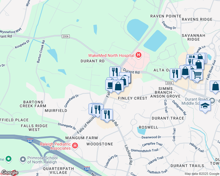 map of restaurants, bars, coffee shops, grocery stores, and more near 9600 Falls of Neuse Rd in Raleigh