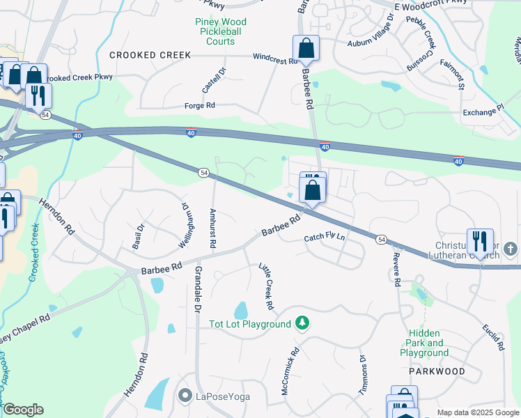 map of restaurants, bars, coffee shops, grocery stores, and more near 1002 North Carolina 54 in Durham