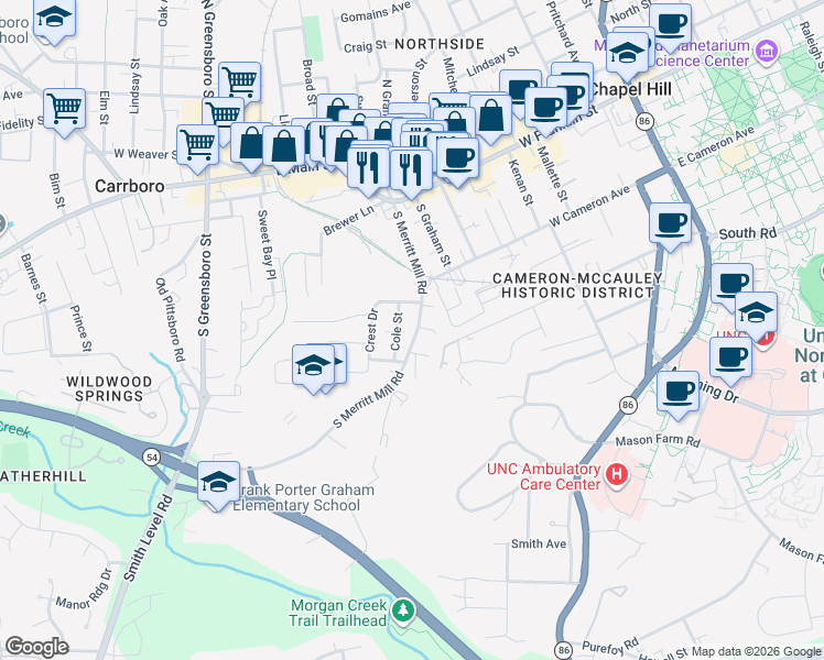 map of restaurants, bars, coffee shops, grocery stores, and more near 114B Cole Street in Chapel Hill