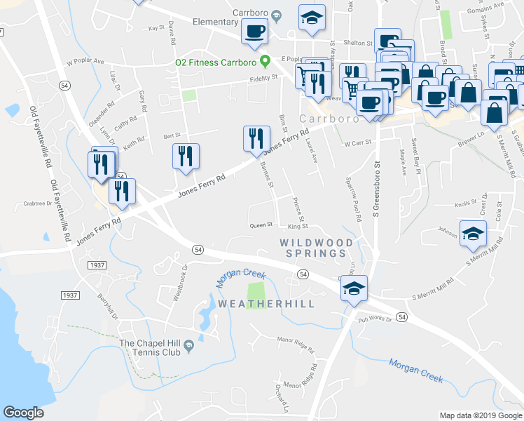map of restaurants, bars, coffee shops, grocery stores, and more near 200 Barnes Street in Carrboro