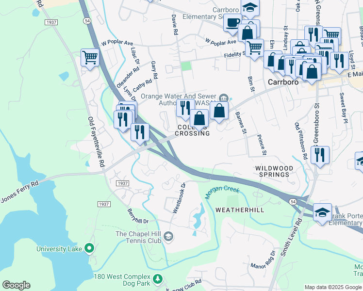 map of restaurants, bars, coffee shops, grocery stores, and more near 501 Jones Ferry Road in Carrboro