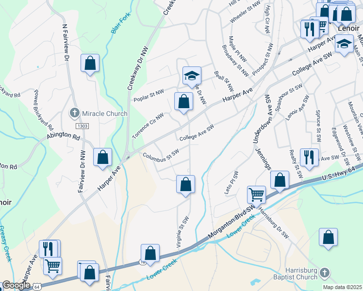 map of restaurants, bars, coffee shops, grocery stores, and more near 206 Virginia Street Northwest in Lenoir