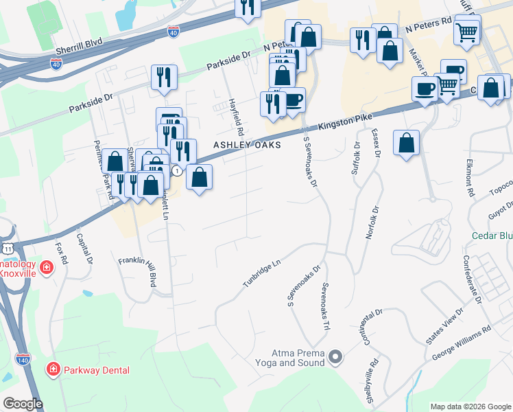 map of restaurants, bars, coffee shops, grocery stores, and more near 9505 Cotesworth Lane in Knoxville