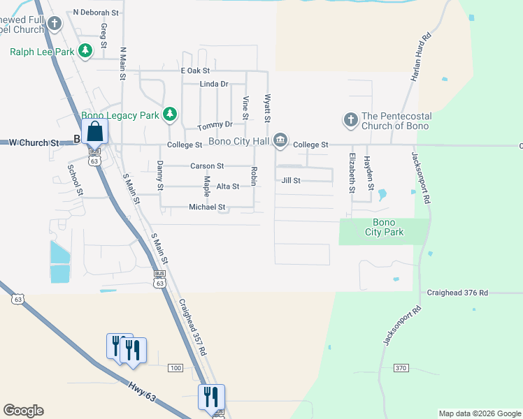 map of restaurants, bars, coffee shops, grocery stores, and more near 405 Brian in Bono