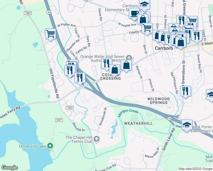 map of restaurants, bars, coffee shops, grocery stores, and more near 501 Jones Ferry Road in Carrboro