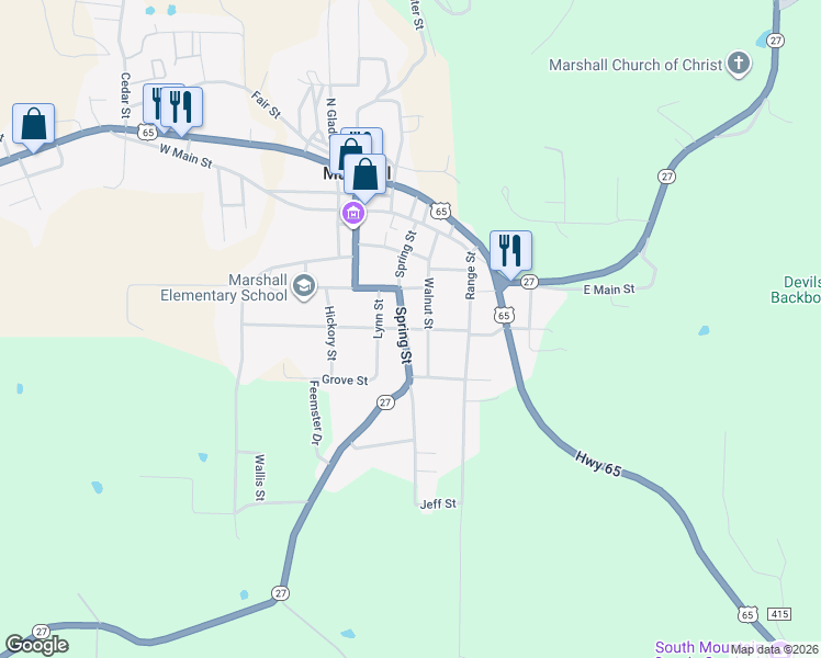 map of restaurants, bars, coffee shops, grocery stores, and more near 101 Campus Street in Marshall