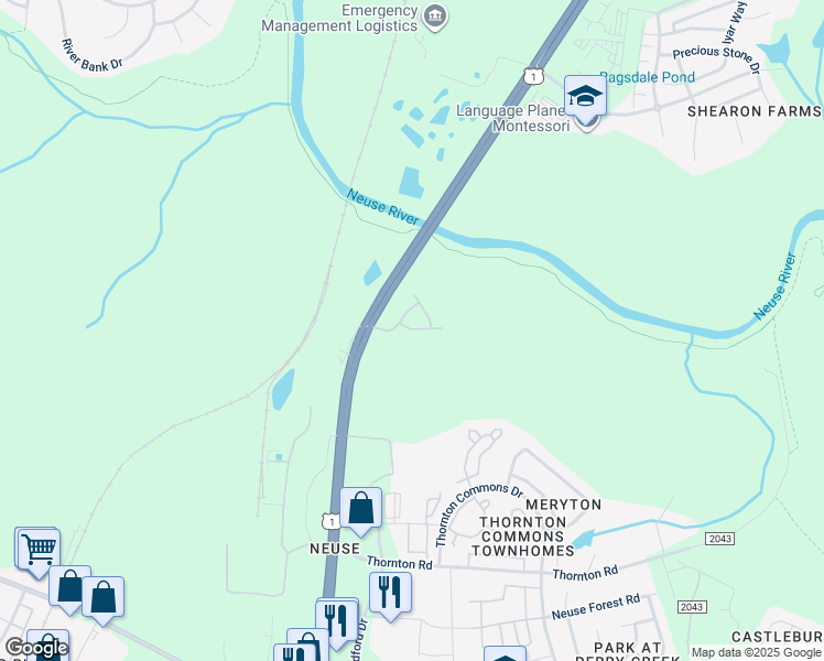 map of restaurants, bars, coffee shops, grocery stores, and more near 4800 River Stream Way in Raleigh