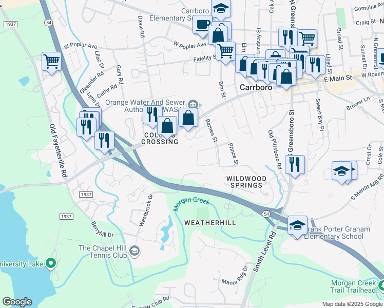 map of restaurants, bars, coffee shops, grocery stores, and more near 401 North Carolina 54 in Carrboro