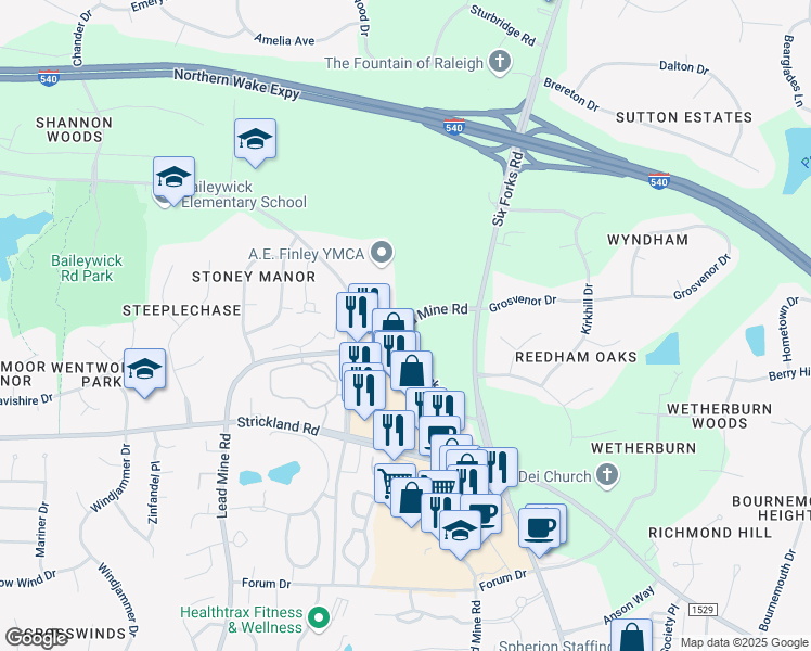 map of restaurants, bars, coffee shops, grocery stores, and more near 8801 Lead Mine Road in Raleigh