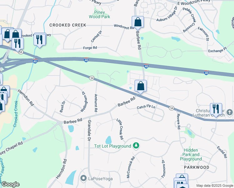 map of restaurants, bars, coffee shops, grocery stores, and more near 1002 North Carolina 54 in Durham