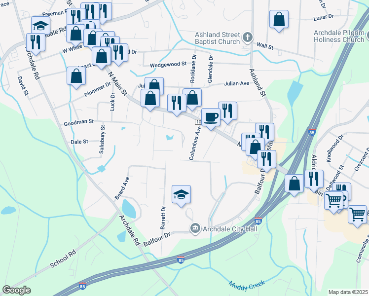map of restaurants, bars, coffee shops, grocery stores, and more near 308 Shamrock Court in Archdale