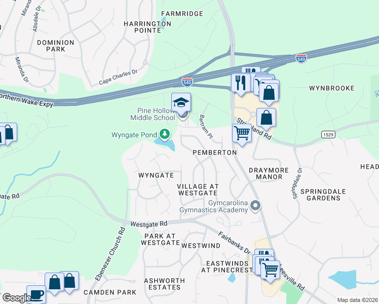 map of restaurants, bars, coffee shops, grocery stores, and more near 9221 Shallcross Way in Raleigh