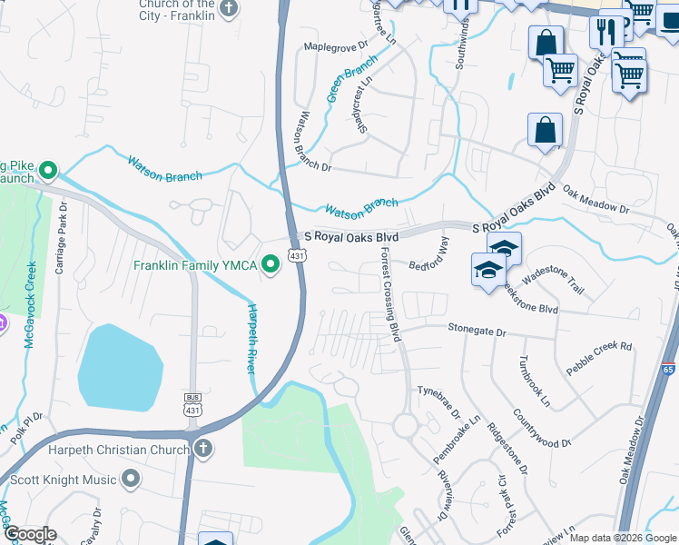 map of restaurants, bars, coffee shops, grocery stores, and more near 413 Chatsworth Court in Franklin