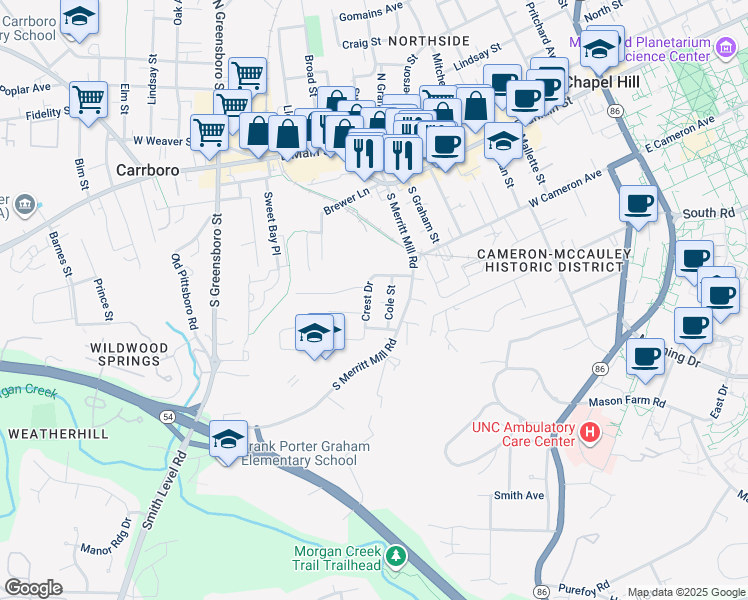 map of restaurants, bars, coffee shops, grocery stores, and more near 305 Crest Drive in Chapel Hill