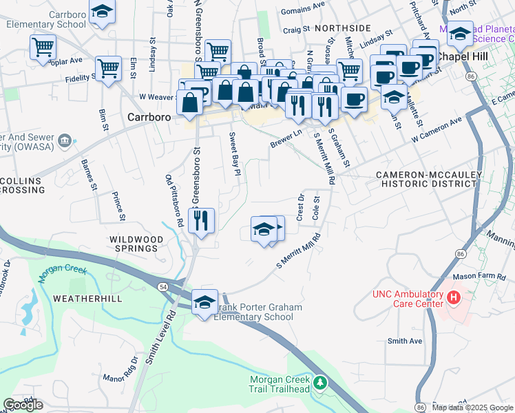 map of restaurants, bars, coffee shops, grocery stores, and more near 220 Knolls Street in Chapel Hill