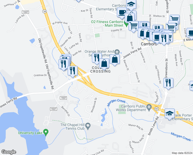 map of restaurants, bars, coffee shops, grocery stores, and more near 501 Jones Ferry Road in Carrboro