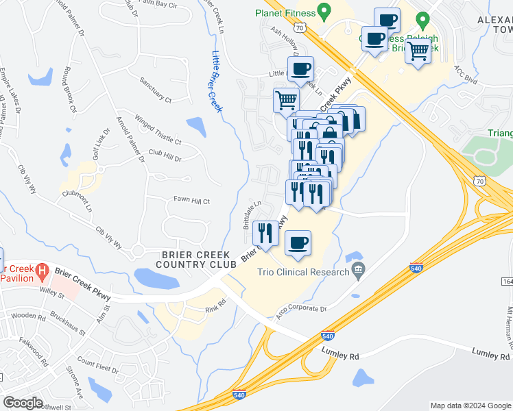 map of restaurants, bars, coffee shops, grocery stores, and more near Laurel Coach Lane in Raleigh