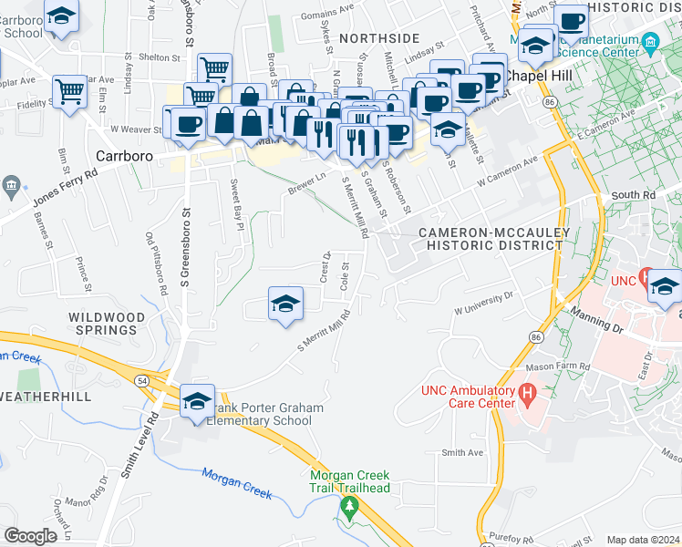 map of restaurants, bars, coffee shops, grocery stores, and more near 108 Cole Street in Chapel Hill