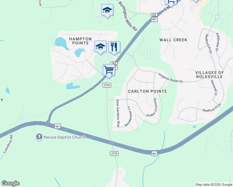 map of restaurants, bars, coffee shops, grocery stores, and more near 111 Prides Crossing in Rolesville