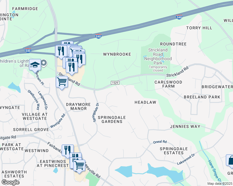 map of restaurants, bars, coffee shops, grocery stores, and more near 9412 Owls Nest Drive in Raleigh