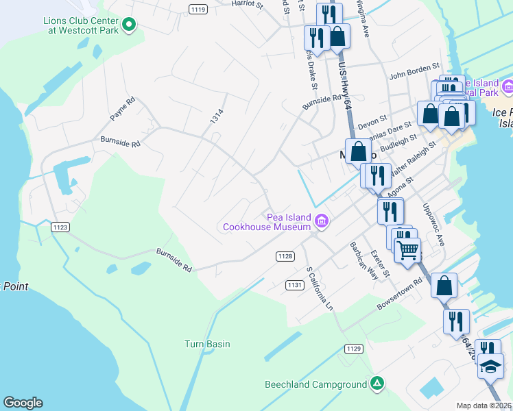 map of restaurants, bars, coffee shops, grocery stores, and more near 112 Jones Circle in Manteo