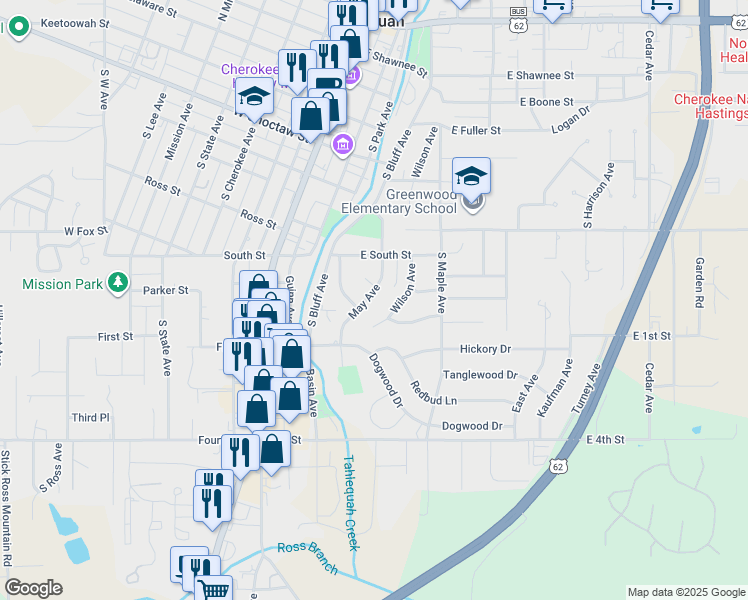 map of restaurants, bars, coffee shops, grocery stores, and more near 703 May Avenue in Tahlequah