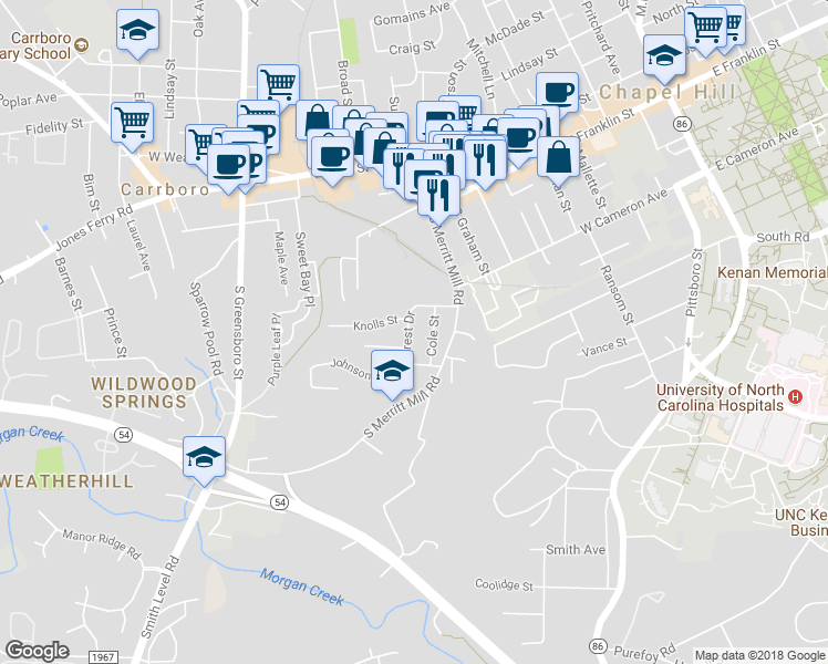 map of restaurants, bars, coffee shops, grocery stores, and more near 305 Crest Drive in Chapel Hill