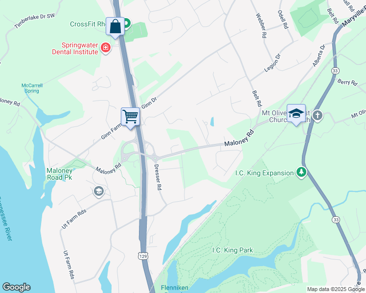 map of restaurants, bars, coffee shops, grocery stores, and more near 3117 Maloney Road in Knoxville