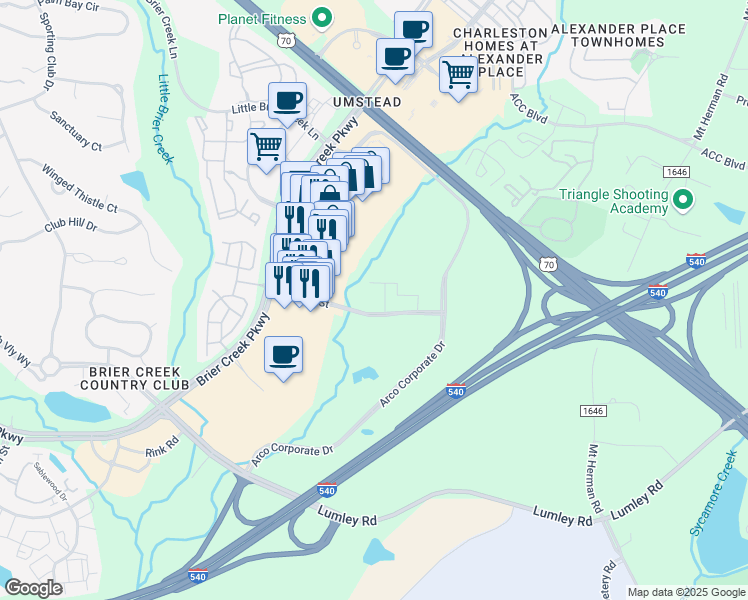 map of restaurants, bars, coffee shops, grocery stores, and more near 3930 Macaw Street in Raleigh