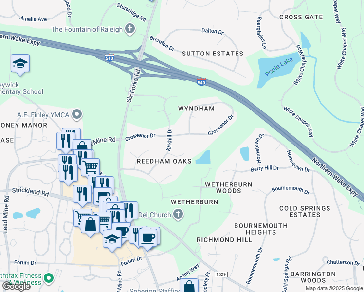 map of restaurants, bars, coffee shops, grocery stores, and more near 313 Gretton Place in Raleigh