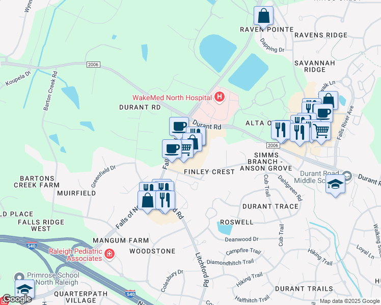 map of restaurants, bars, coffee shops, grocery stores, and more near 9600 Falls of Neuse Road in Raleigh