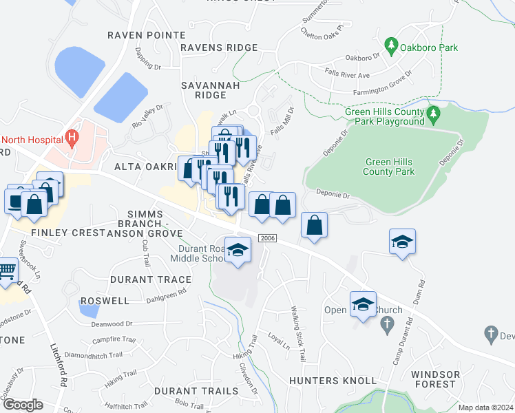 map of restaurants, bars, coffee shops, grocery stores, and more near 10240 Durant Road in Raleigh