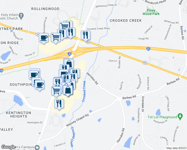 map of restaurants, bars, coffee shops, grocery stores, and more near 6609 Rossford Lane in Durham