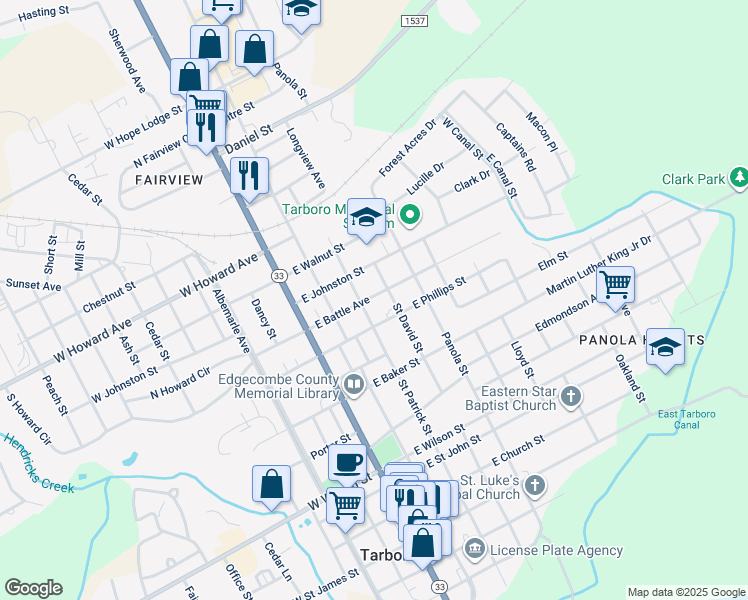 map of restaurants, bars, coffee shops, grocery stores, and more near 305 East Battle Avenue in Tarboro