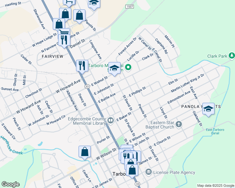 map of restaurants, bars, coffee shops, grocery stores, and more near 307 East Battle Avenue in Tarboro