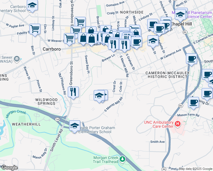 map of restaurants, bars, coffee shops, grocery stores, and more near 404 Knolls Street in Chapel Hill