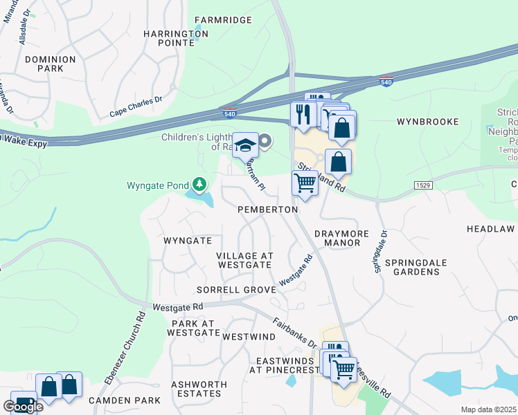 map of restaurants, bars, coffee shops, grocery stores, and more near 9612 Treymore Drive in Raleigh