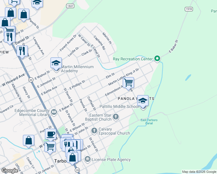 map of restaurants, bars, coffee shops, grocery stores, and more near 813 Martin Luther King Junior Drive in Tarboro