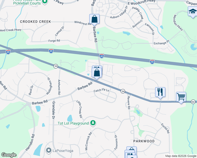 map of restaurants, bars, coffee shops, grocery stores, and more near 1103 Laceflower Drive in Durham