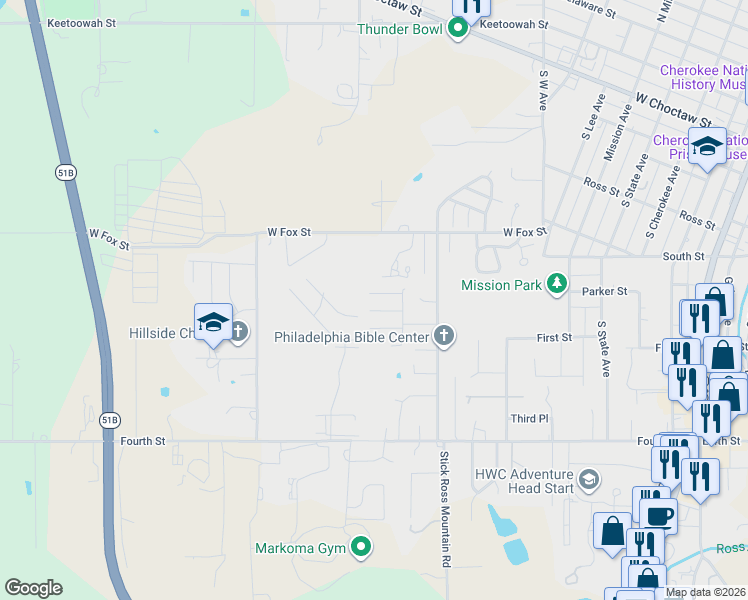 map of restaurants, bars, coffee shops, grocery stores, and more near 1210 Pebbles Lane Lane in Tahlequah