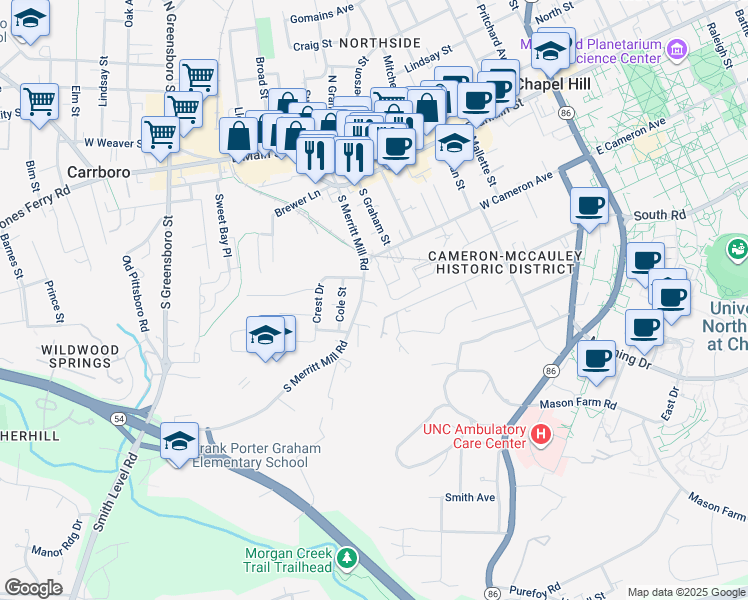 map of restaurants, bars, coffee shops, grocery stores, and more near 515 South Merritt Mill Road in Chapel Hill