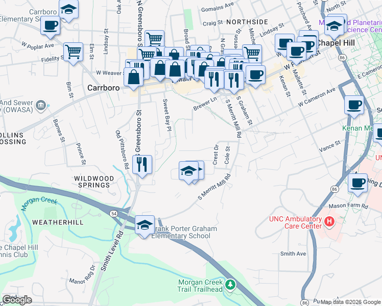 map of restaurants, bars, coffee shops, grocery stores, and more near 228 Knolls Street in Chapel Hill