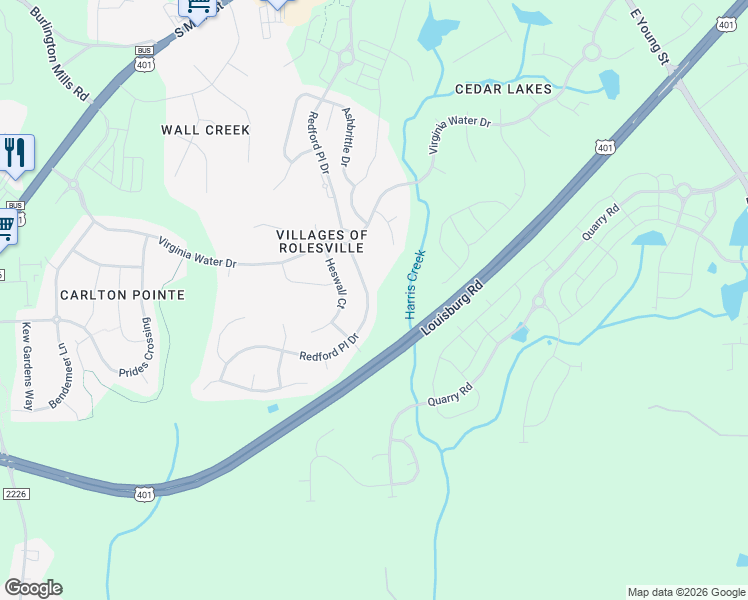 map of restaurants, bars, coffee shops, grocery stores, and more near 537 Redford Place Drive in Rolesville