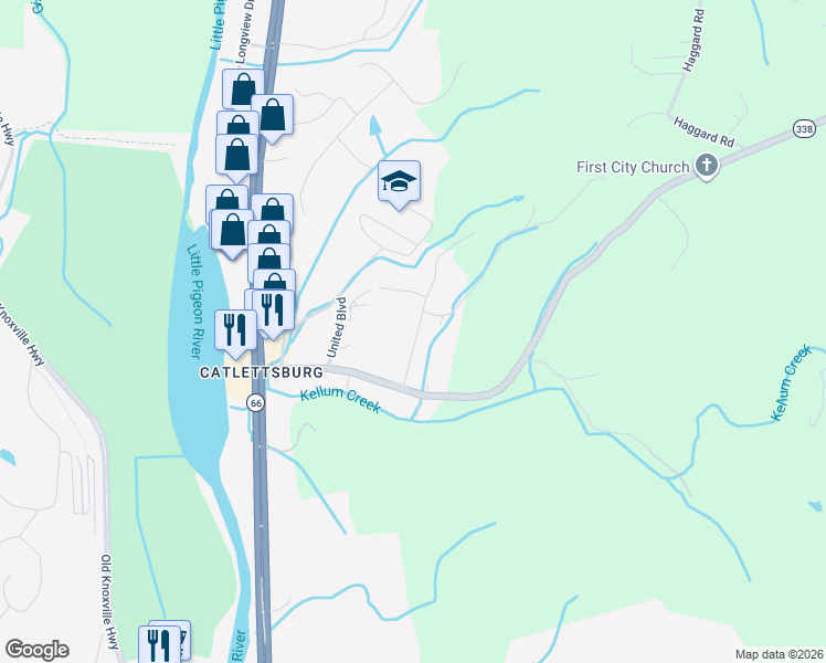 map of restaurants, bars, coffee shops, grocery stores, and more near 1431 Emily Drive in Sevierville