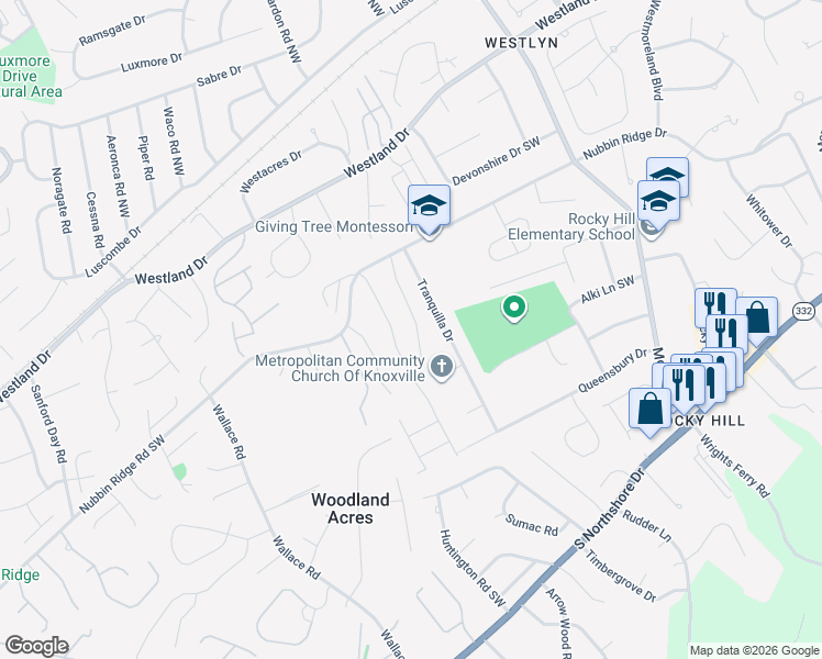 map of restaurants, bars, coffee shops, grocery stores, and more near 1025 Hampson Lane in Knoxville