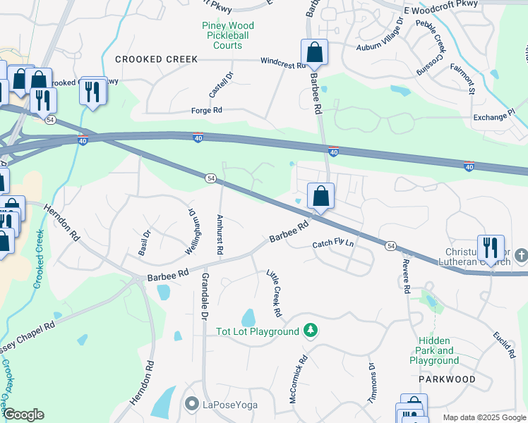 map of restaurants, bars, coffee shops, grocery stores, and more near 1002 North Carolina 54 in Durham