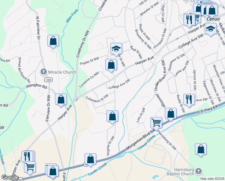 map of restaurants, bars, coffee shops, grocery stores, and more near 206 Virginia Street Northwest in Lenoir