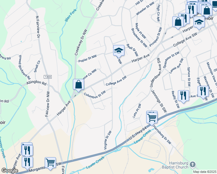 map of restaurants, bars, coffee shops, grocery stores, and more near 206 Virginia Street Northwest in Lenoir