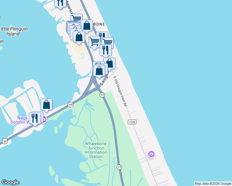 map of restaurants, bars, coffee shops, grocery stores, and more near 8026 South Old Oregon Inlet Road in Nags Head
