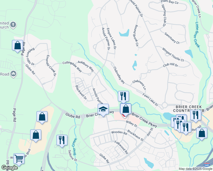 map of restaurants, bars, coffee shops, grocery stores, and more near 11641 Broadfield Court in Raleigh